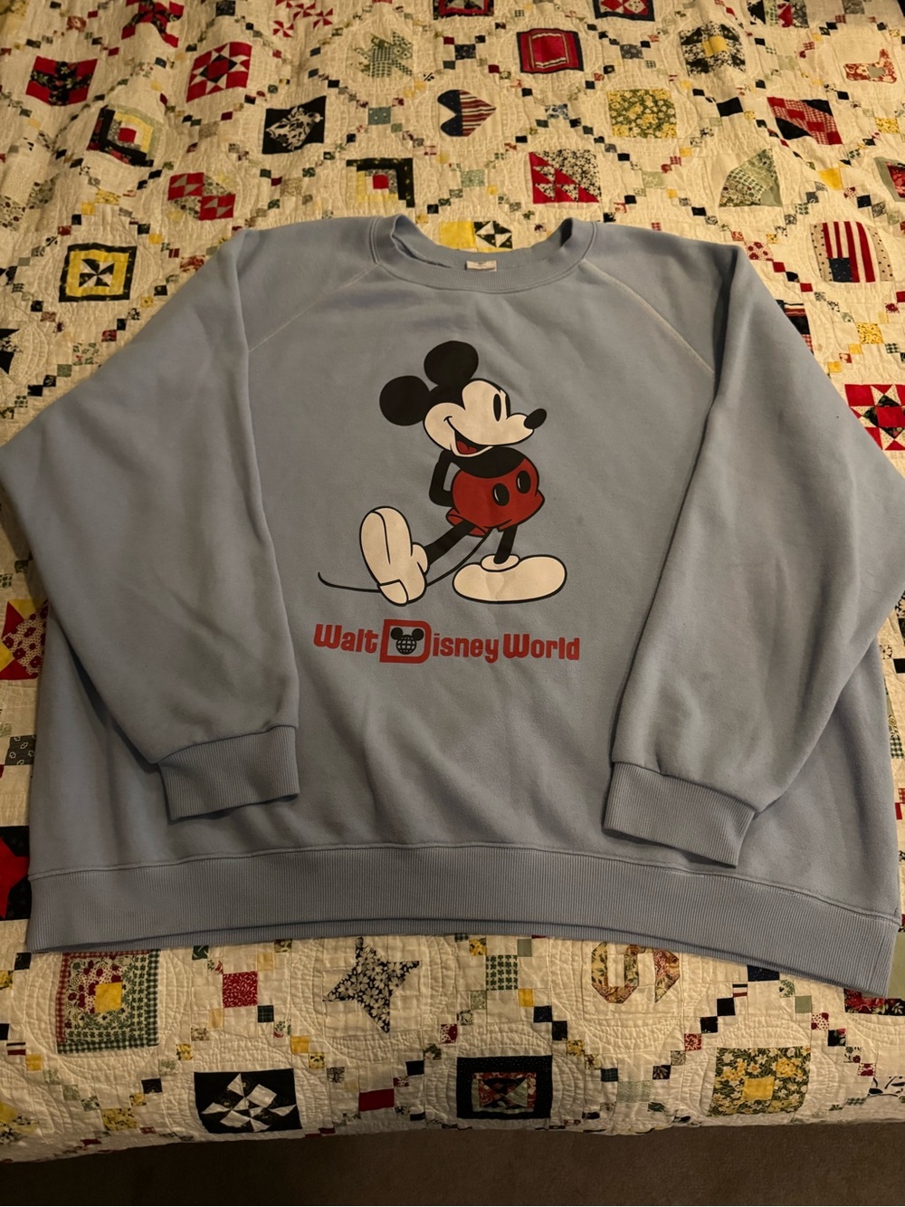 Disney Light Blue Mickey Mouse Crewneck Sweatshirt with Red Accents